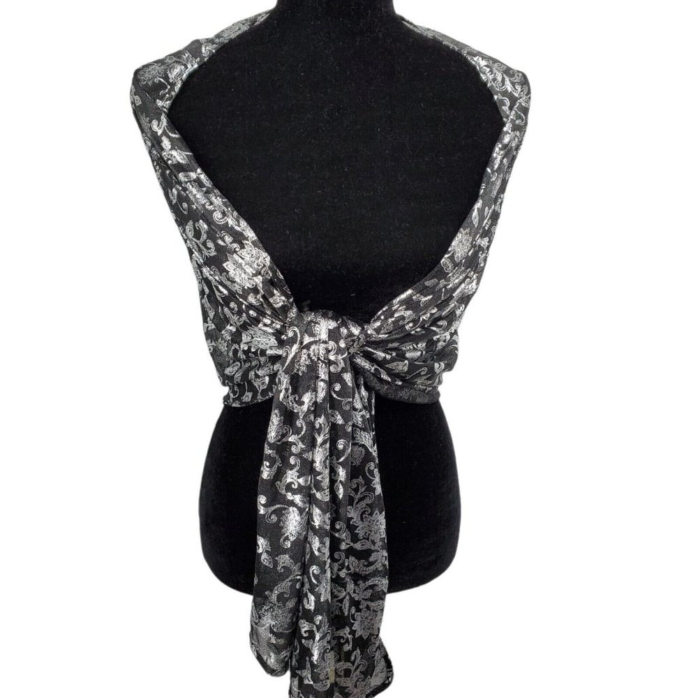 Womens Shawl Wrap Sheer Black Silver Floral 21x72" Long Evening Scarf